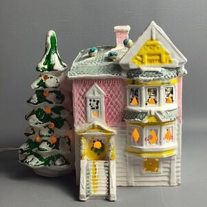 Vintage Dept 56 Snow Village Victorian House 50070 Pink White 1977 W/ Light